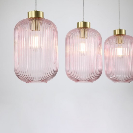 Satin Brass 3 Light over Island Fitting with Pink Ribbed Big Glass