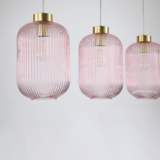 Satin Brass 3 Light over Island Fitting with Pink Ribbed Big Glass