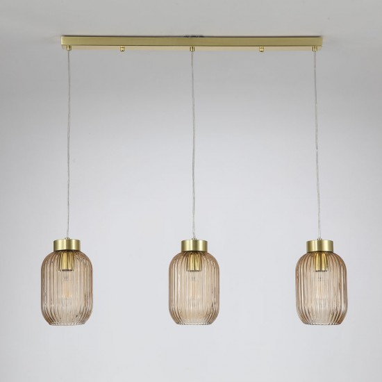 Satin Brass 3 Light over Island Fitting with Amber Ribbed Small Glass Satin Brass 3 Light over Island Fitting with Amber Ribbed Small Glass