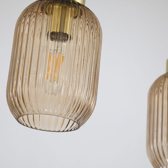 Satin Brass 3 Light over Island Fitting with Amber Ribbed Small Glass Satin Brass 3 Light over Island Fitting with Amber Ribbed Small Glass