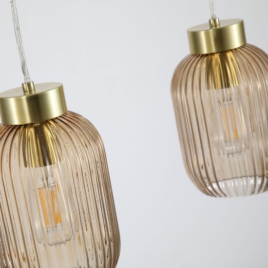 Satin Brass 3 Light over Island Fitting with Amber Ribbed Small Glass Satin Brass 3 Light over Island Fitting with Amber Ribbed Small Glass