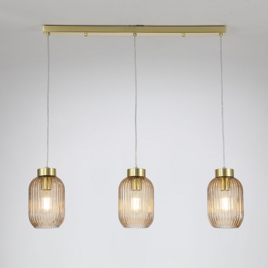 Satin Brass 3 Light over Island Fitting with Amber Ribbed Small Glass Satin Brass 3 Light over Island Fitting with Amber Ribbed Small Glass
