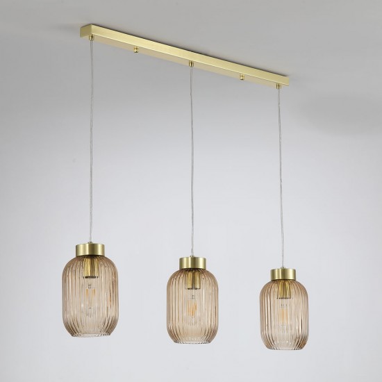 Satin Brass 3 Light over Island Fitting with Amber Ribbed Small Glass Satin Brass 3 Light over Island Fitting with Amber Ribbed Small Glass