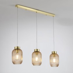 Satin Brass 3 Light over Island Fitting with Amber Ribbed Small Glass