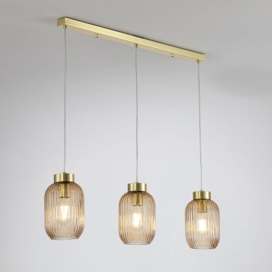 Satin Brass 3 Light over Island Fitting with Amber Ribbed Small Glass Satin Brass 3 Light over Island Fitting with Amber Ribbed Small Glass