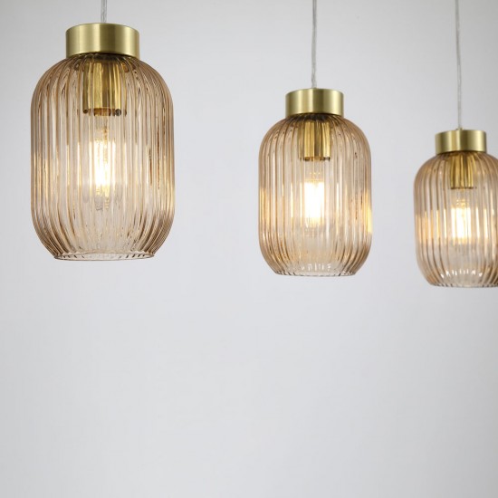 Satin Brass 3 Light over Island Fitting with Amber Ribbed Small Glass Satin Brass 3 Light over Island Fitting with Amber Ribbed Small Glass