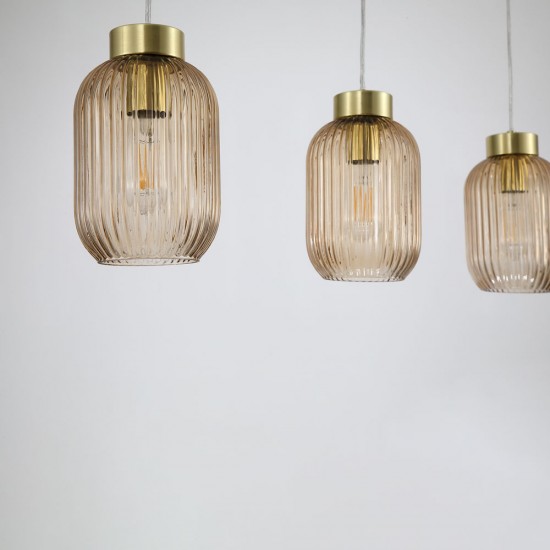 Satin Brass 3 Light over Island Fitting with Amber Ribbed Small Glass Satin Brass 3 Light over Island Fitting with Amber Ribbed Small Glass