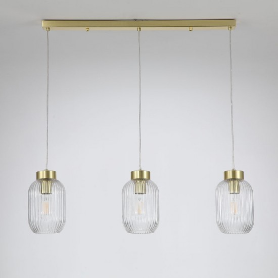 Satin Brass 3 Light over Island Fitting with Clear Ribbed Small Glass Satin Brass 3 Light over Island Fitting with Clear Ribbed Small Glass