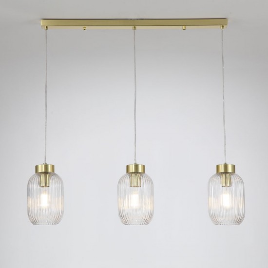 Satin Brass 3 Light over Island Fitting with Clear Ribbed Small Glass Satin Brass 3 Light over Island Fitting with Clear Ribbed Small Glass