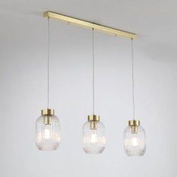Satin Brass 3 Light over Island Fitting with Clear Ribbed Small Glass Satin Brass 3 Light over Island Fitting with Clear Ribbed Small Glass