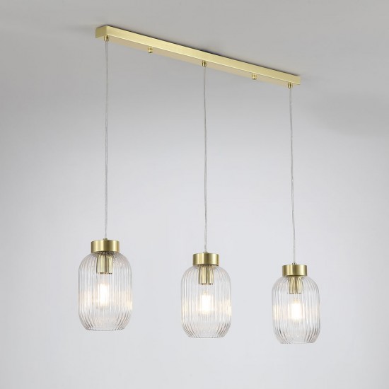 Satin Brass 3 Light over Island Fitting with Clear Ribbed Small Glass Satin Brass 3 Light over Island Fitting with Clear Ribbed Small Glass
