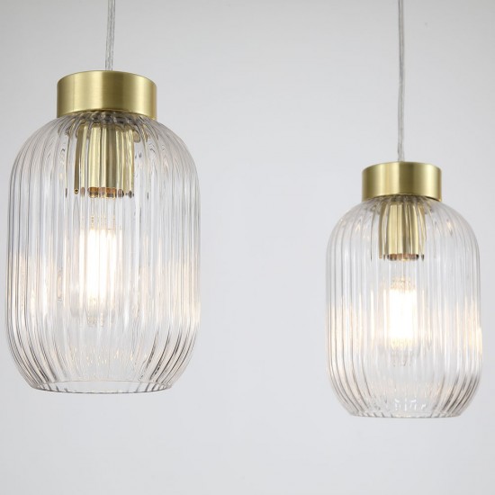 Satin Brass 3 Light over Island Fitting with Clear Ribbed Small Glass Satin Brass 3 Light over Island Fitting with Clear Ribbed Small Glass