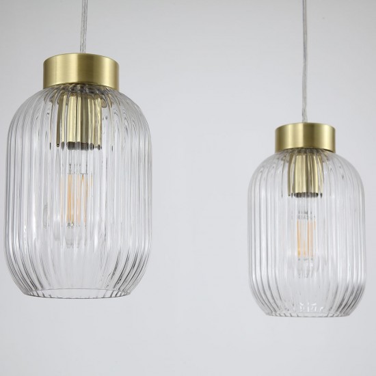Satin Brass 3 Light over Island Fitting with Clear Ribbed Small Glass Satin Brass 3 Light over Island Fitting with Clear Ribbed Small Glass