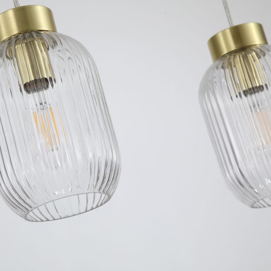 Satin Brass 3 Light over Island Fitting with Clear Ribbed Small Glass Satin Brass 3 Light over Island Fitting with Clear Ribbed Small Glass