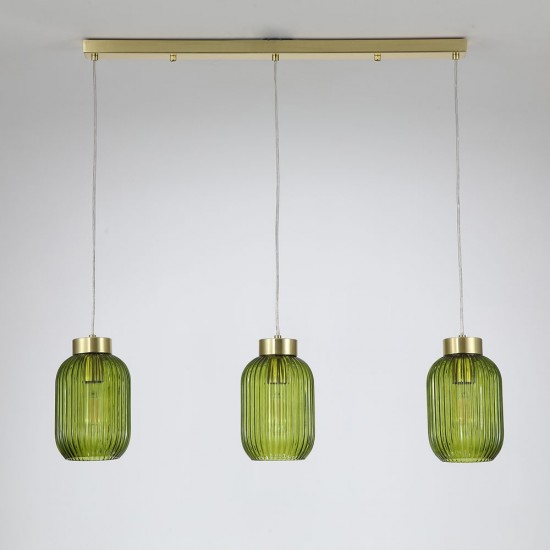 Satin Brass 3 Light over Island Fitting with Green Ribbed Small Glass Satin Brass 3 Light over Island Fitting with Green Ribbed Small Glass