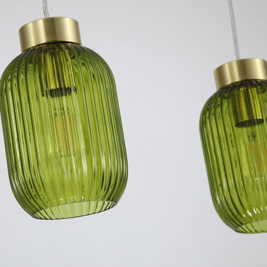 Satin Brass 3 Light over Island Fitting with Green Ribbed Small Glass Satin Brass 3 Light over Island Fitting with Green Ribbed Small Glass