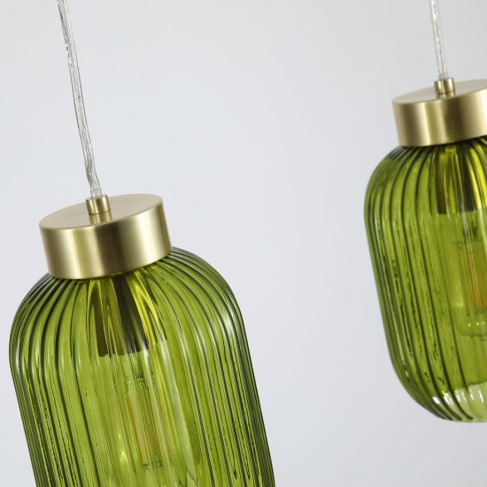Satin Brass 3 Light over Island Fitting with Green Ribbed Small Glass Satin Brass 3 Light over Island Fitting with Green Ribbed Small Glass