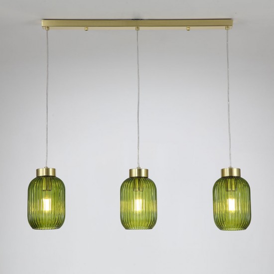 Satin Brass 3 Light over Island Fitting with Green Ribbed Small Glass Satin Brass 3 Light over Island Fitting with Green Ribbed Small Glass