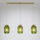 Satin Brass 3 Light over Island Fitting with Green Ribbed Small Glass Satin Brass 3 Light over Island Fitting with Green Ribbed Small Glass