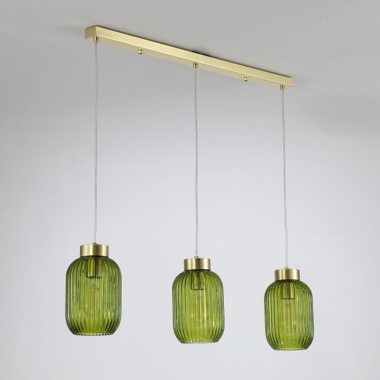 Satin Brass 3 Light over Island Fitting with Green Ribbed Small Glass Satin Brass 3 Light over Island Fitting with Green Ribbed Small Glass