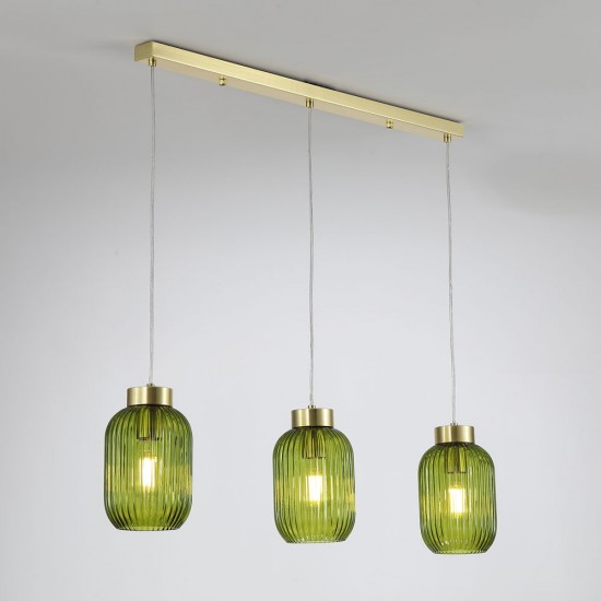 Satin Brass 3 Light over Island Fitting with Green Ribbed Small Glass Satin Brass 3 Light over Island Fitting with Green Ribbed Small Glass