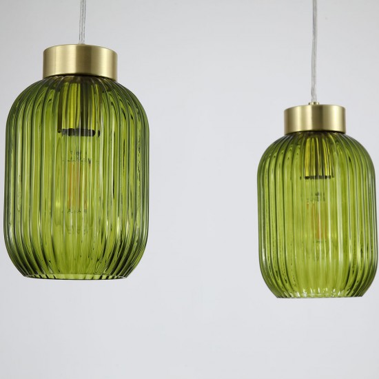 Satin Brass 3 Light over Island Fitting with Green Ribbed Small Glass Satin Brass 3 Light over Island Fitting with Green Ribbed Small Glass