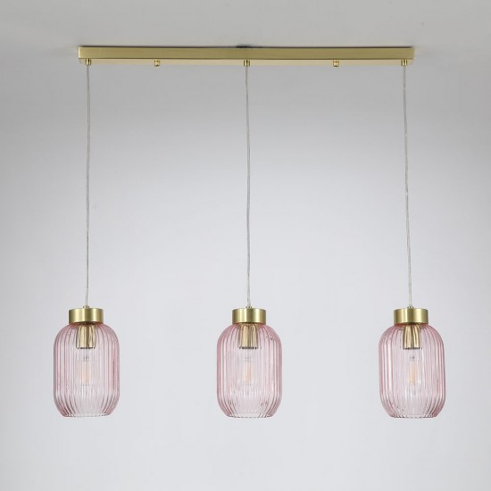 Satin Brass 3 Light over Island Fitting with Pink Ribbed Small Glass