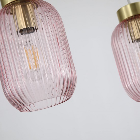 Satin Brass 3 Light over Island Fitting with Pink Ribbed Small Glass