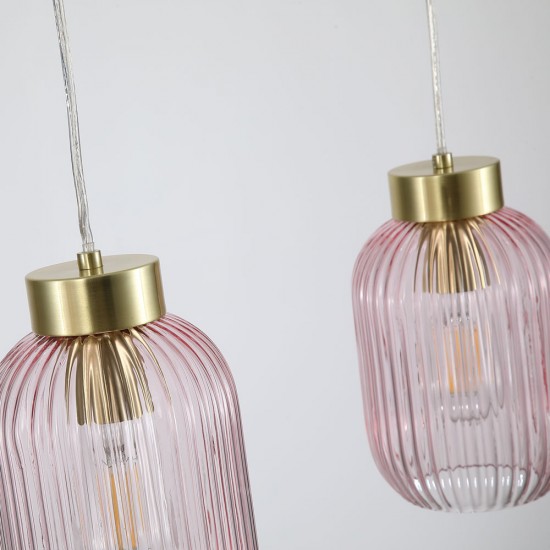 Satin Brass 3 Light over Island Fitting with Pink Ribbed Small Glass