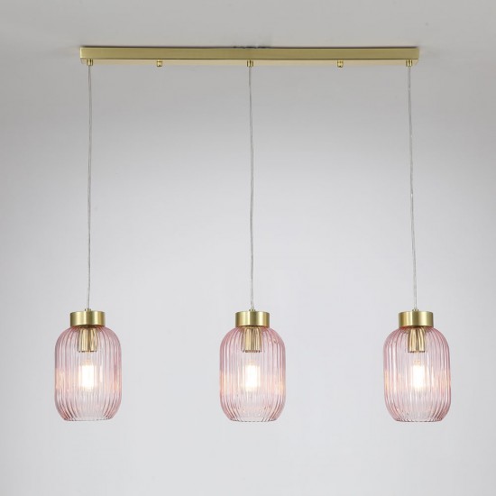Satin Brass 3 Light over Island Fitting with Pink Ribbed Small Glass
