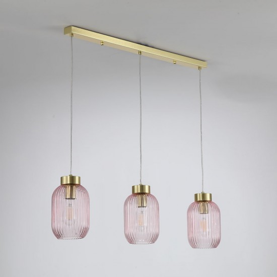 Satin Brass 3 Light over Island Fitting with Pink Ribbed Small Glass