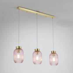 Satin Brass 3 Light over Island Fitting with Pink Ribbed Small Glass