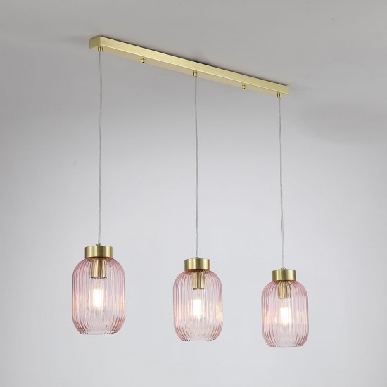 Satin Brass 3 Light over Island Fitting with Pink Ribbed Small Glass