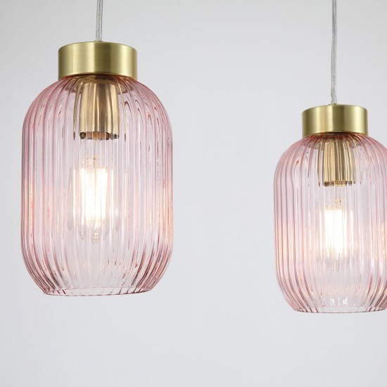 Satin Brass 3 Light over Island Fitting with Pink Ribbed Small Glass