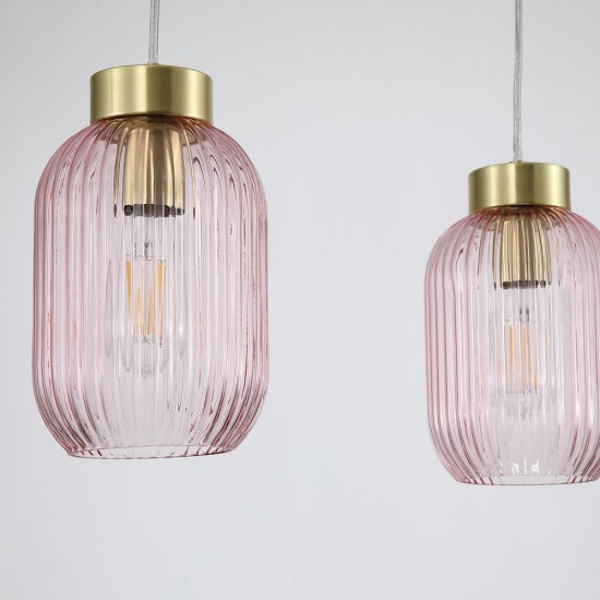Satin Brass 3 Light over Island Fitting with Pink Ribbed Small Glass