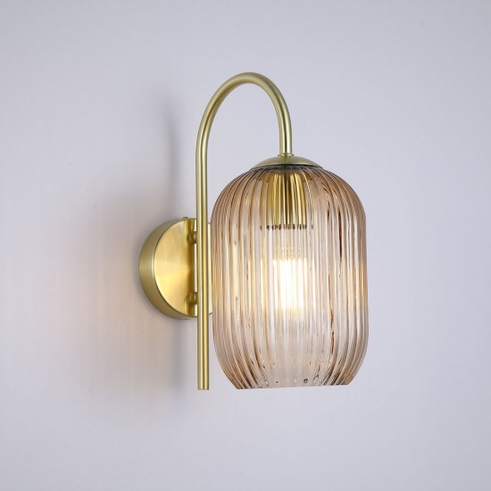 Satin Brass Wall Lamp with Amber Ribbed Glass