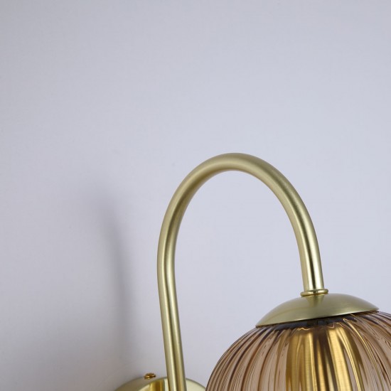 Satin Brass Wall Lamp with Amber Ribbed Glass