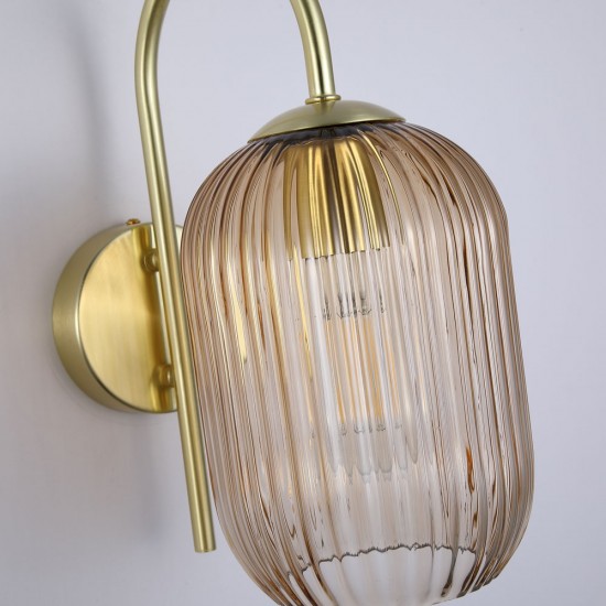 Satin Brass Wall Lamp with Amber Ribbed Glass