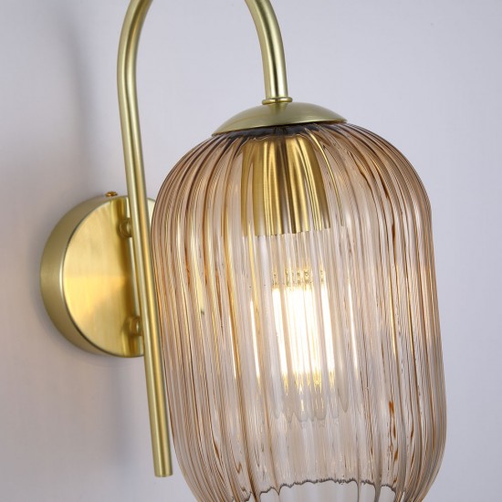 Satin Brass Wall Lamp with Amber Ribbed Glass