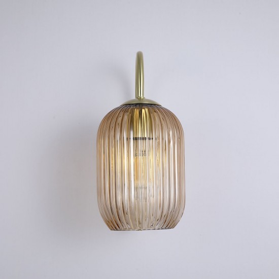 Satin Brass Wall Lamp with Amber Ribbed Glass