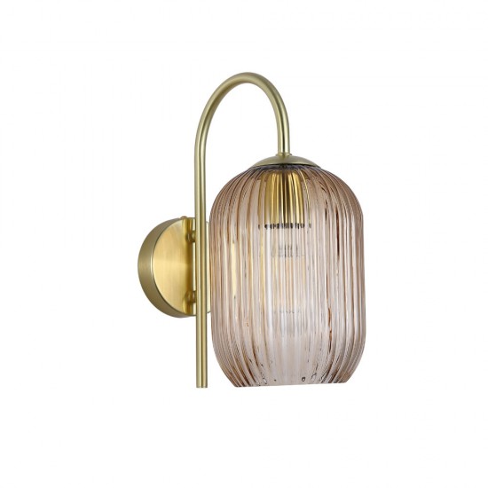 Satin Brass Wall Lamp with Amber Ribbed Glass
