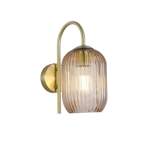 Satin Brass Wall Lamp with Amber Ribbed Glass