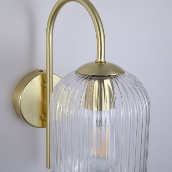 Satin Brass Wall Lamp with Clear Ribbed Glass