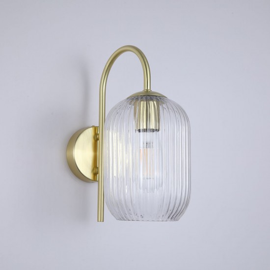 Satin Brass Wall Lamp with Clear Ribbed Glass