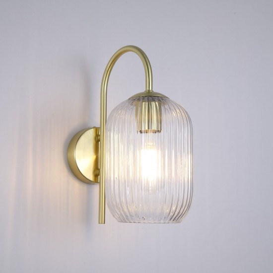 Satin Brass Wall Lamp with Clear Ribbed Glass