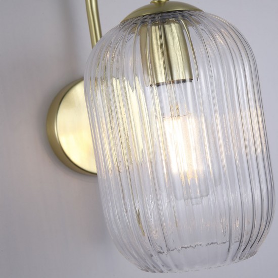 Satin Brass Wall Lamp with Clear Ribbed Glass
