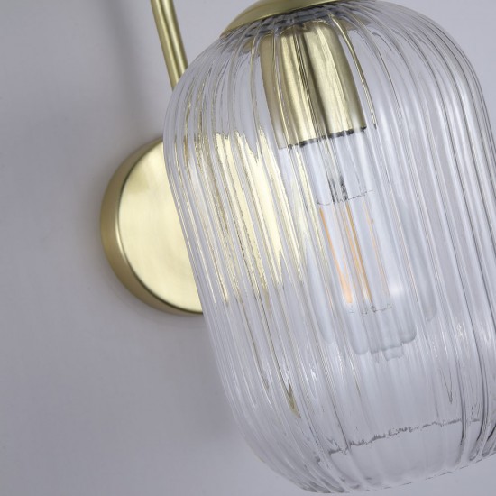 Satin Brass Wall Lamp with Clear Ribbed Glass