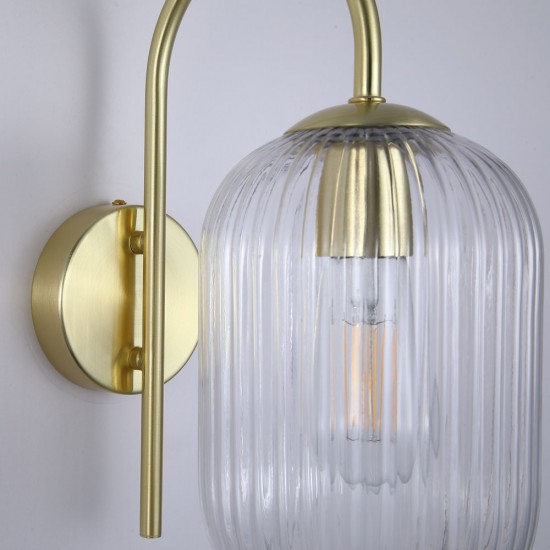Satin Brass Wall Lamp with Clear Ribbed Glass