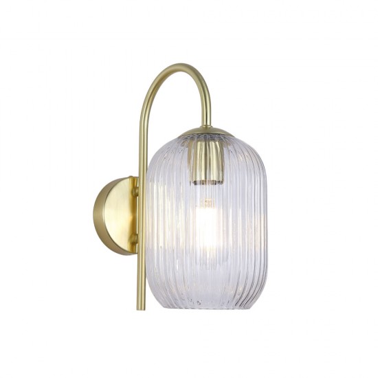 Satin Brass Wall Lamp with Clear Ribbed Glass