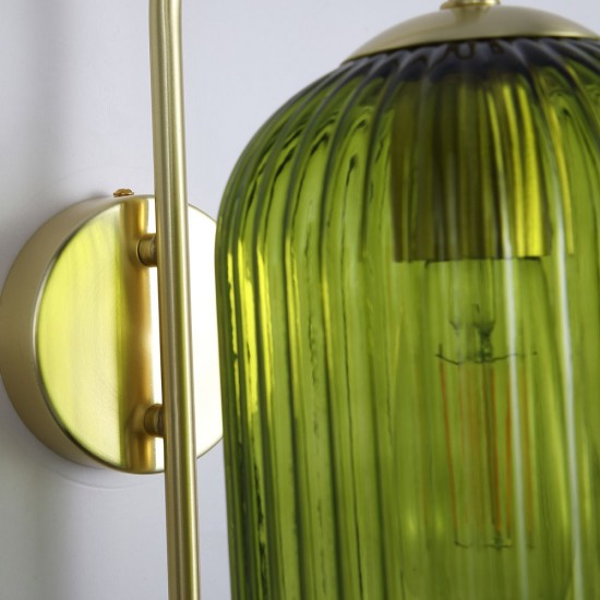 Satin Brass Wall Lamp with Green Ribbed Glass